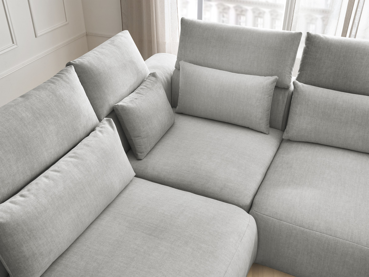 Canapé d'angle fixe modulable avec têtières JANA tissu velours avec 2 chauffeuses, 1 angle et 2 poufs