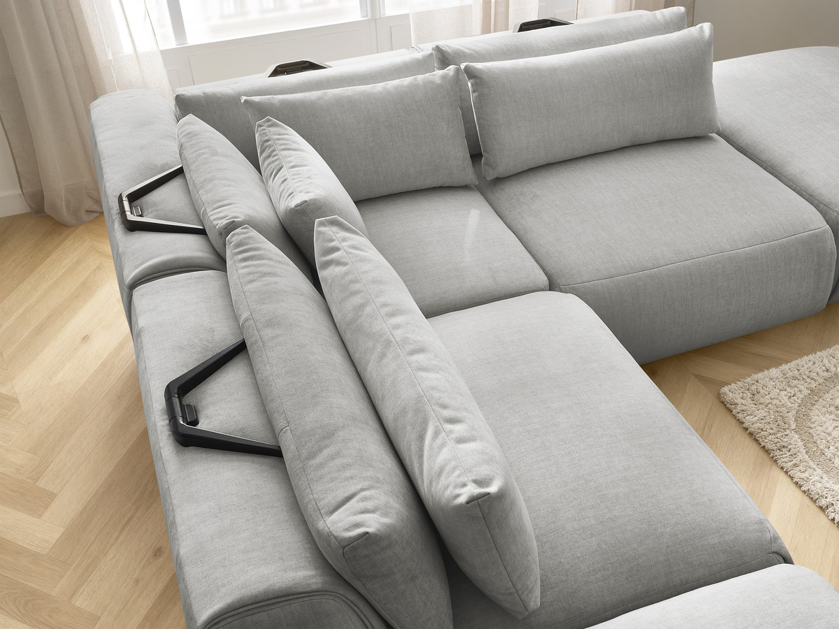 Canapé d'angle fixe modulable avec têtières JANA tissu velours avec 2 chauffeuses, 1 angle et 2 poufs