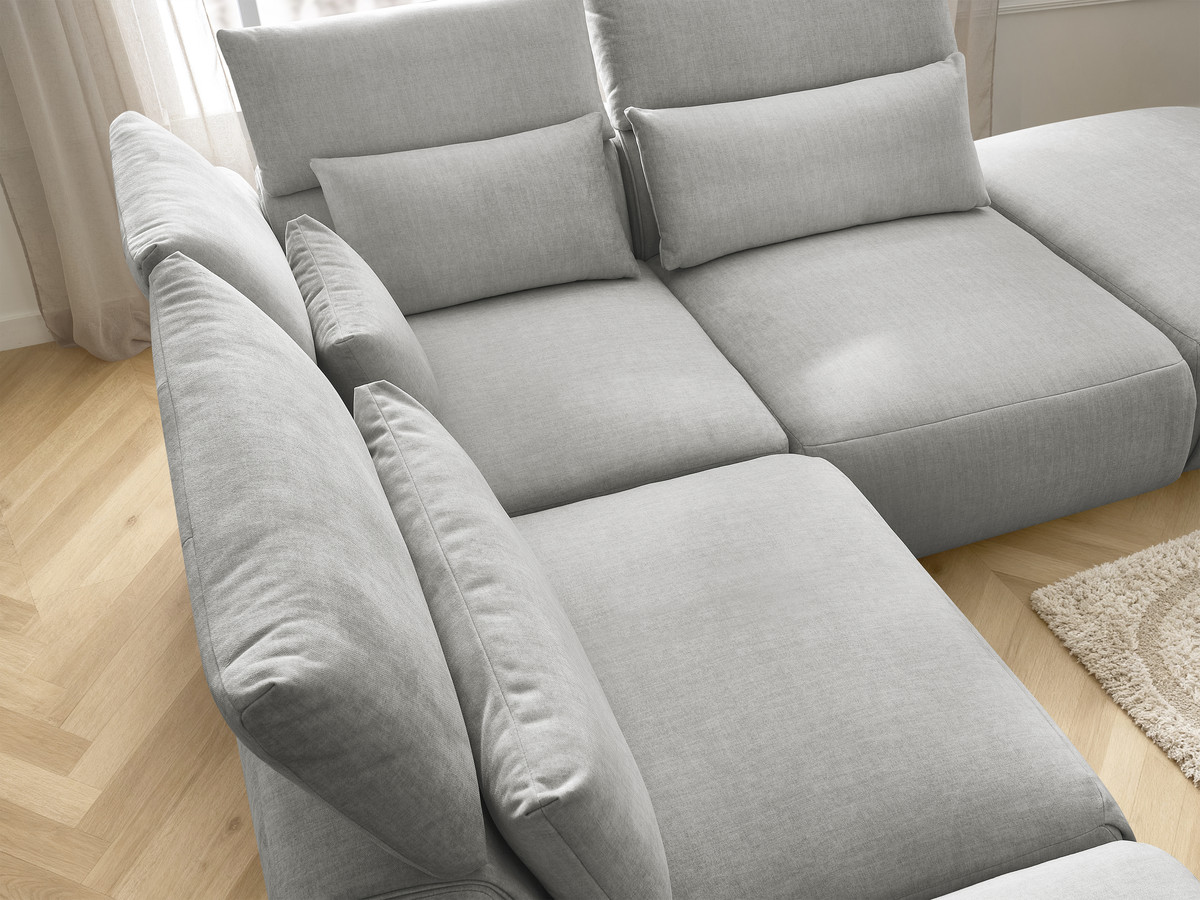 Canapé d'angle fixe modulable avec têtières JANA tissu velours avec 2 chauffeuses, 1 angle et 2 poufs