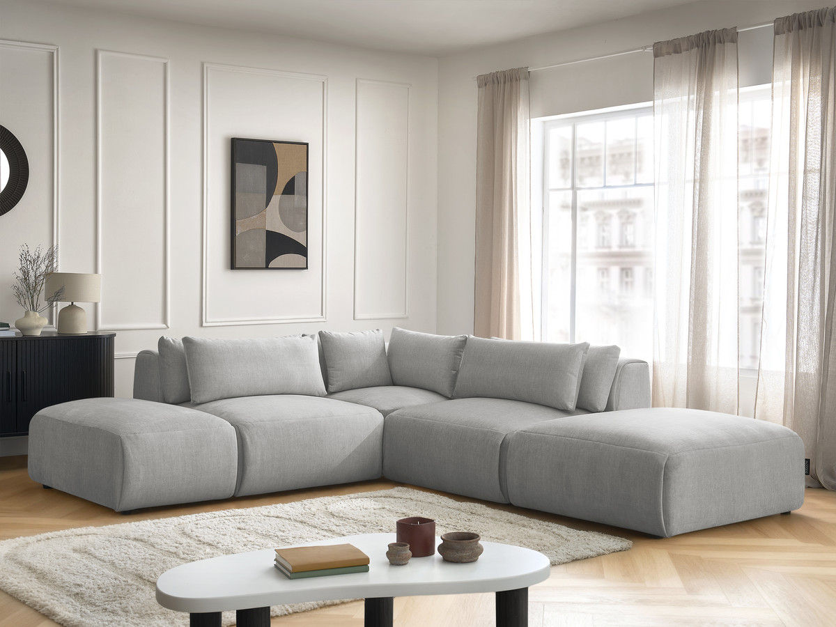 Canapé d'angle fixe modulable avec têtières JANA tissu velours avec 2 chauffeuses, 1 angle et 2 poufs