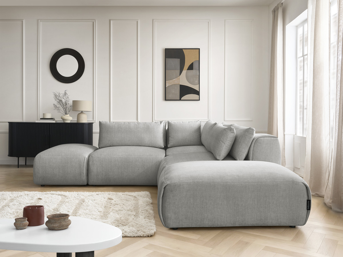 Canapé d'angle fixe modulable avec têtières JANA tissu velours avec 2 chauffeuses, 1 angle et 2 poufs