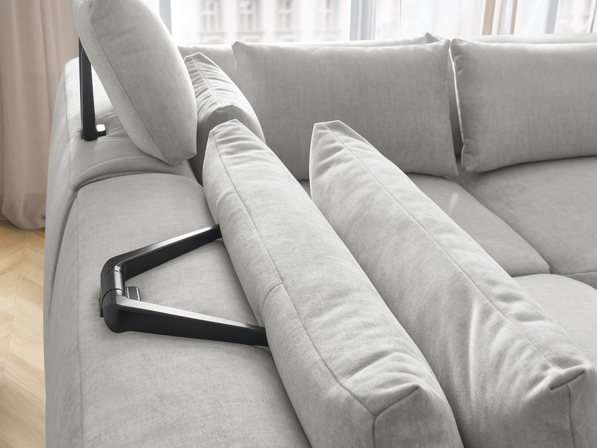 Canapé d'angle fixe modulable avec têtières JANA tissu velours avec 2 chauffeuses, 1 angle et 2 poufs