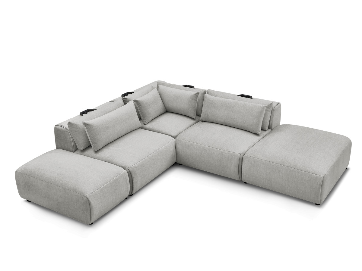 Canapé d'angle fixe modulable avec têtières JANA tissu velours avec 2 chauffeuses, 1 angle et 2 poufs