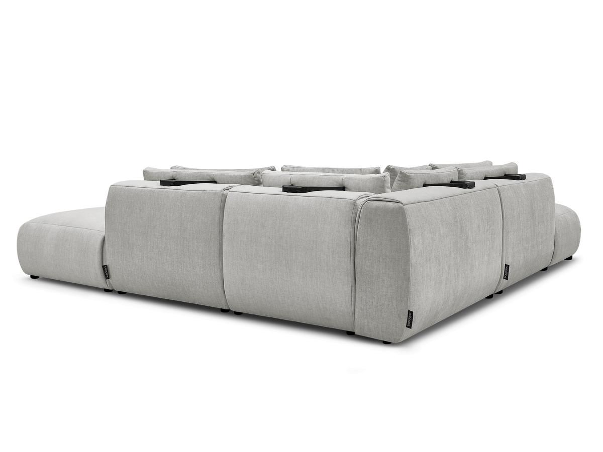 Canapé d'angle fixe modulable avec têtières JANA tissu velours avec 2 chauffeuses, 1 angle et 2 poufs