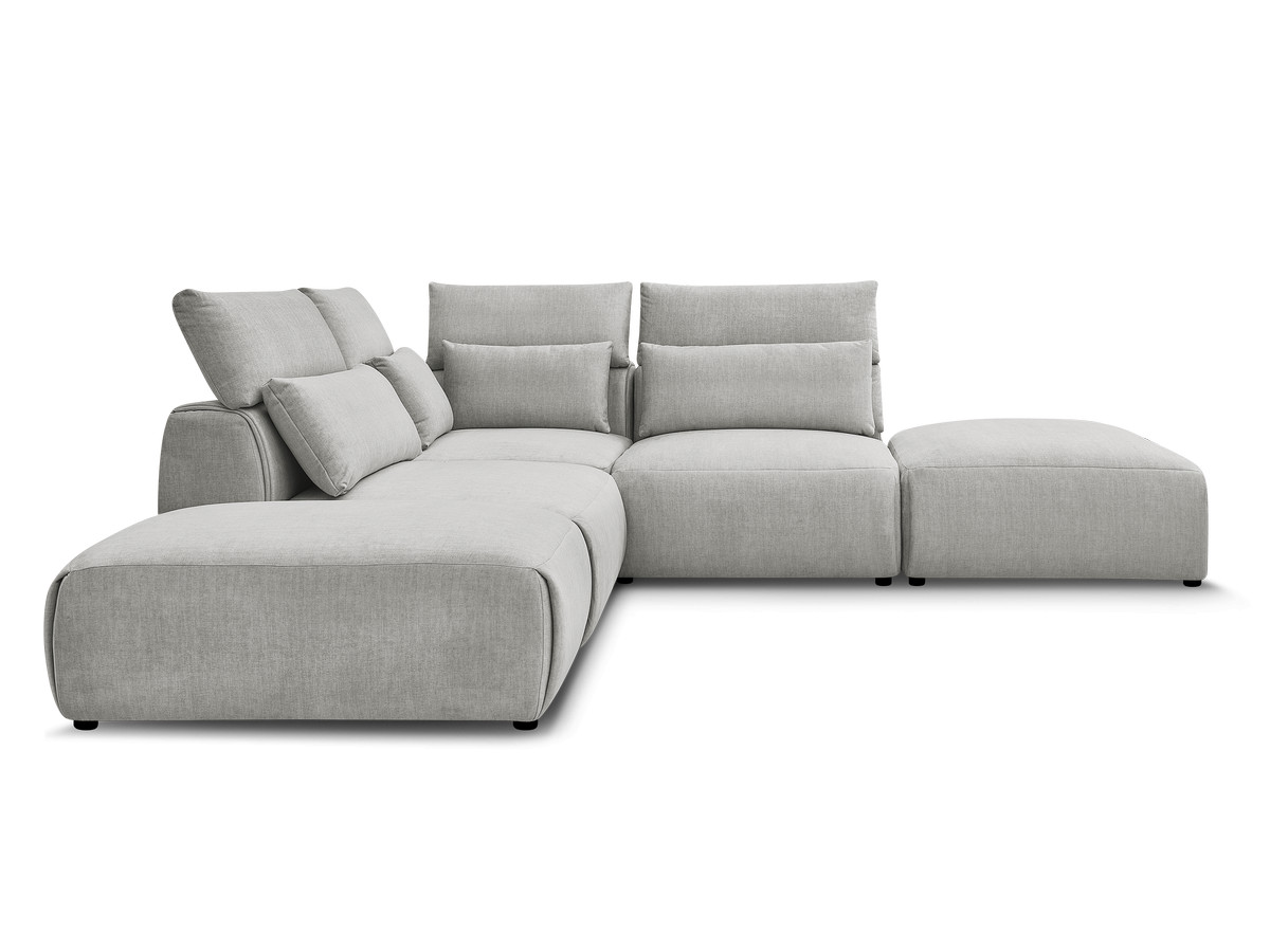 Canapé d'angle fixe modulable avec têtières JANA tissu velours avec 2 chauffeuses, 1 angle et 2 poufs