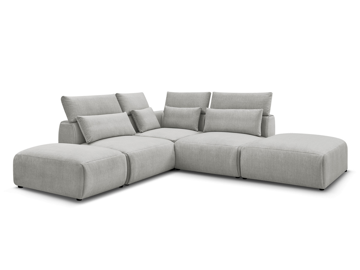 Canapé d'angle fixe modulable avec têtières JANA tissu velours avec 2 chauffeuses, 1 angle et 2 poufs