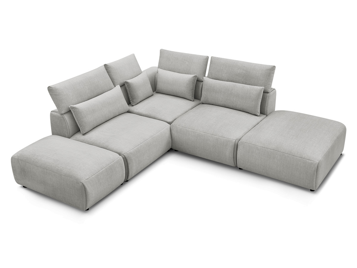 Canapé d'angle fixe modulable avec têtières JANA tissu velours avec 2 chauffeuses, 1 angle et 2 poufs