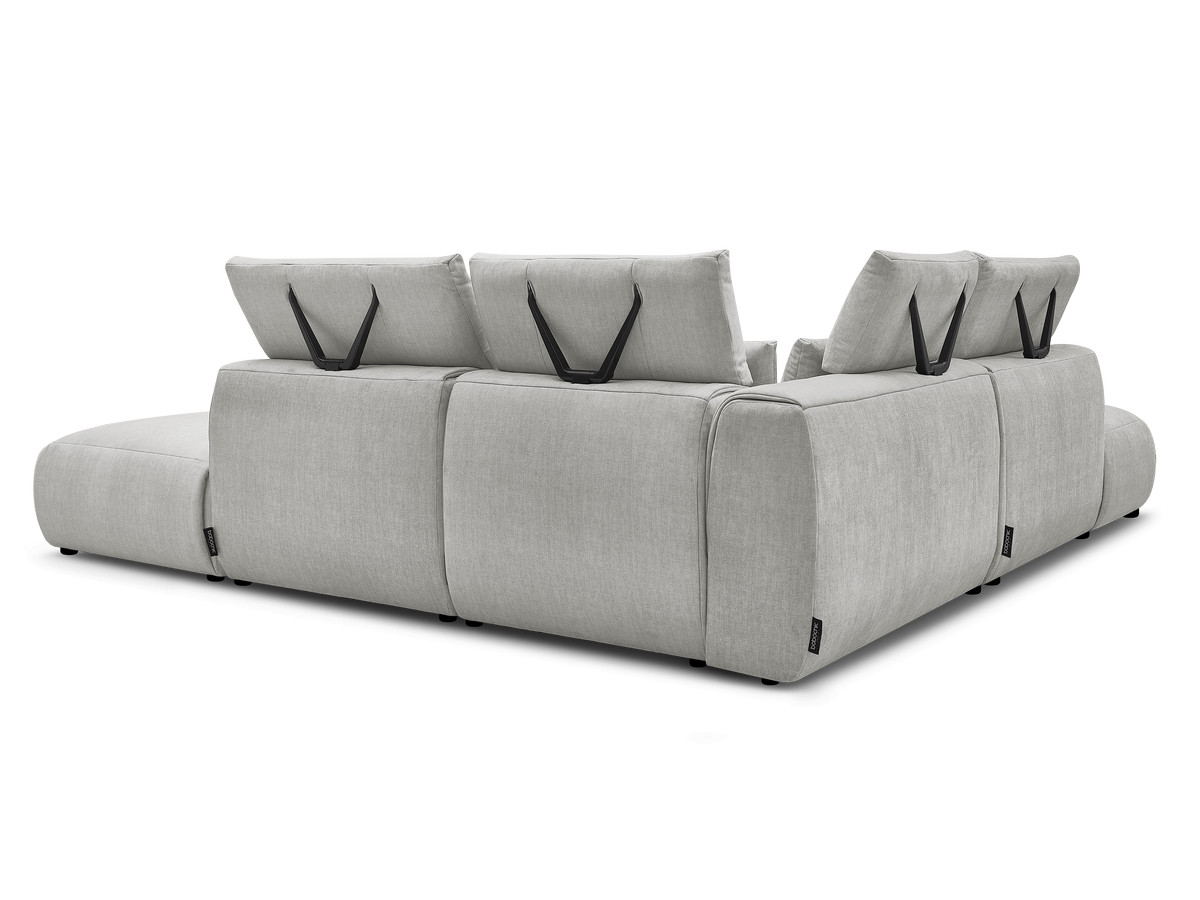 Canapé d'angle fixe modulable avec têtières JANA tissu velours avec 2 chauffeuses, 1 angle et 2 poufs