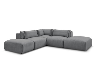 Canapé d'angle fixe modulable avec têtières JANA tissu velours avec 2 chauffeuses, 1 angle et 2 poufs