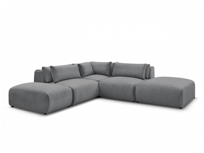 Canapé d'angle fixe modulable avec têtières JANA tissu velours avec 2 chauffeuses, 1 angle et 2 poufs