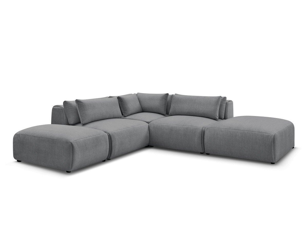 Canapé d'angle fixe modulable avec têtières JANA tissu velours avec 2 chauffeuses, 1 angle et 2 poufs