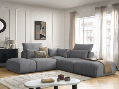 Canapé d'angle fixe modulable avec têtières JANA tissu velours avec 2 chauffeuses, 1 angle et 2 poufs