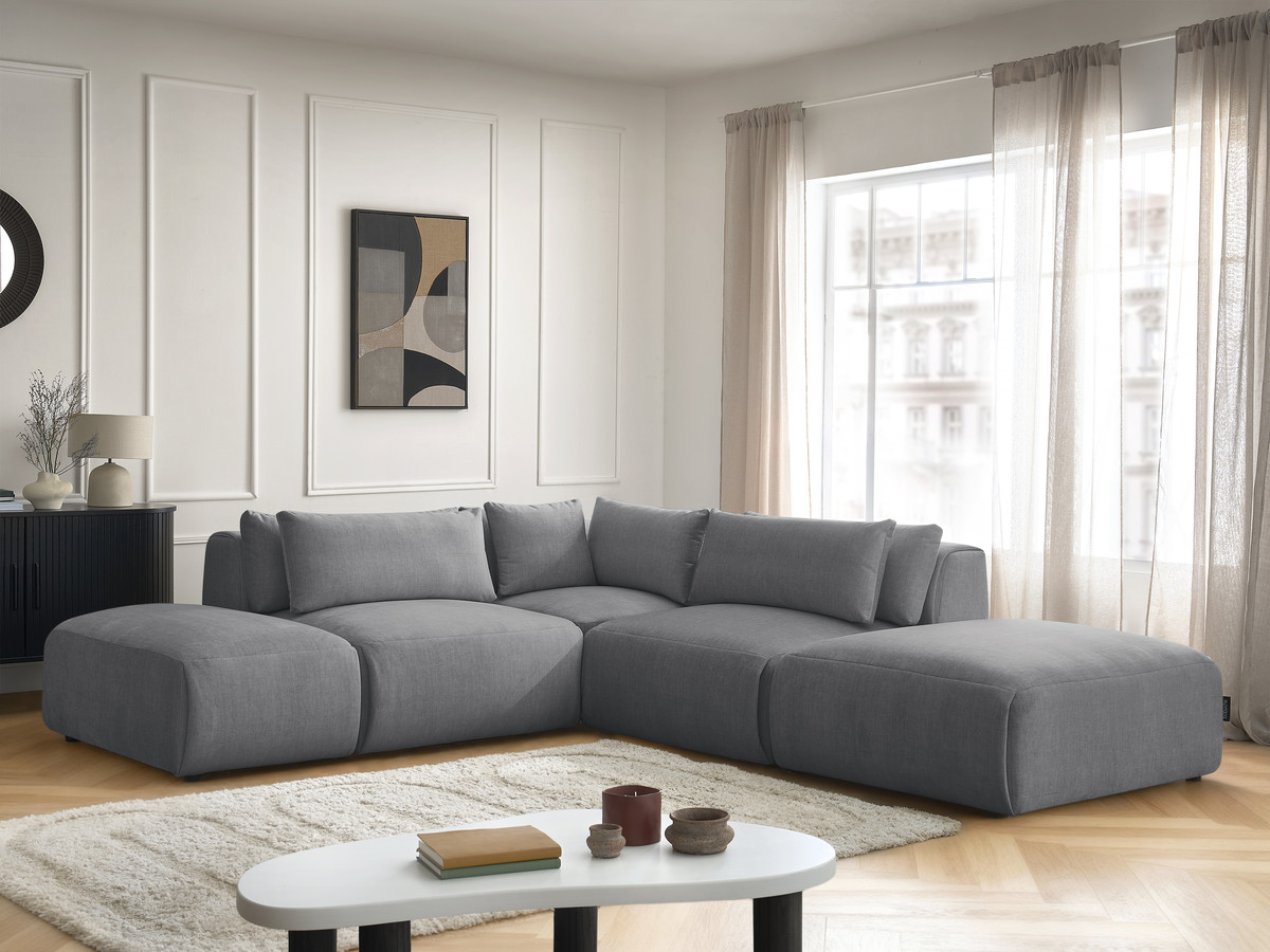 Canapé d'angle fixe modulable avec têtières JANA tissu velours avec 2 chauffeuses, 1 angle et 2 poufs