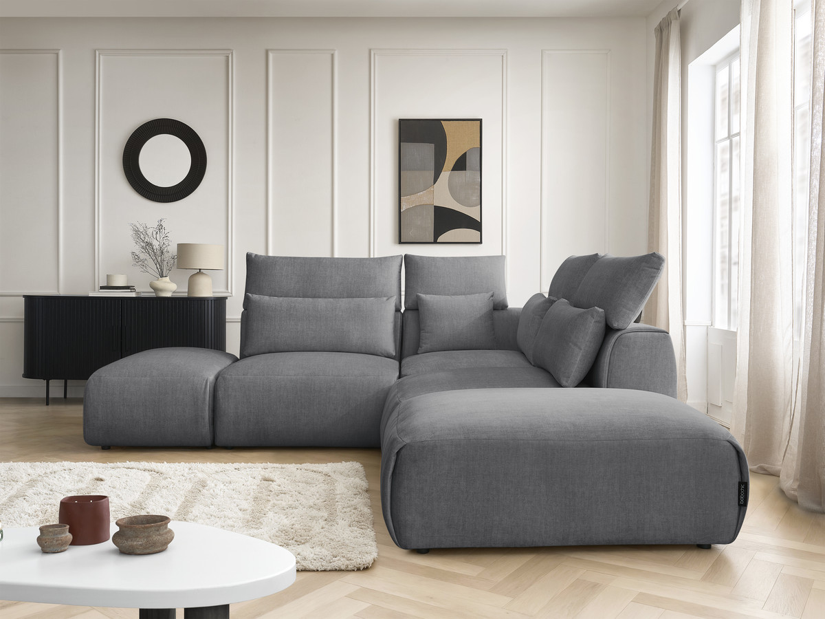 Canapé d'angle fixe modulable avec têtières JANA tissu velours avec 2 chauffeuses, 1 angle et 2 poufs