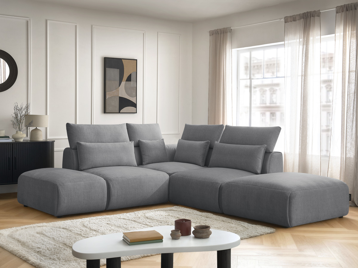 Canapé d'angle fixe modulable avec têtières JANA tissu velours avec 2 chauffeuses, 1 angle et 2 poufs