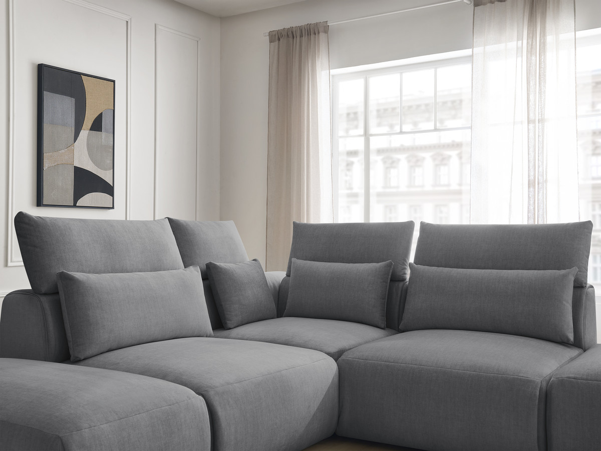 Canapé d'angle fixe modulable avec têtières JANA tissu velours avec 2 chauffeuses, 1 angle et 2 poufs