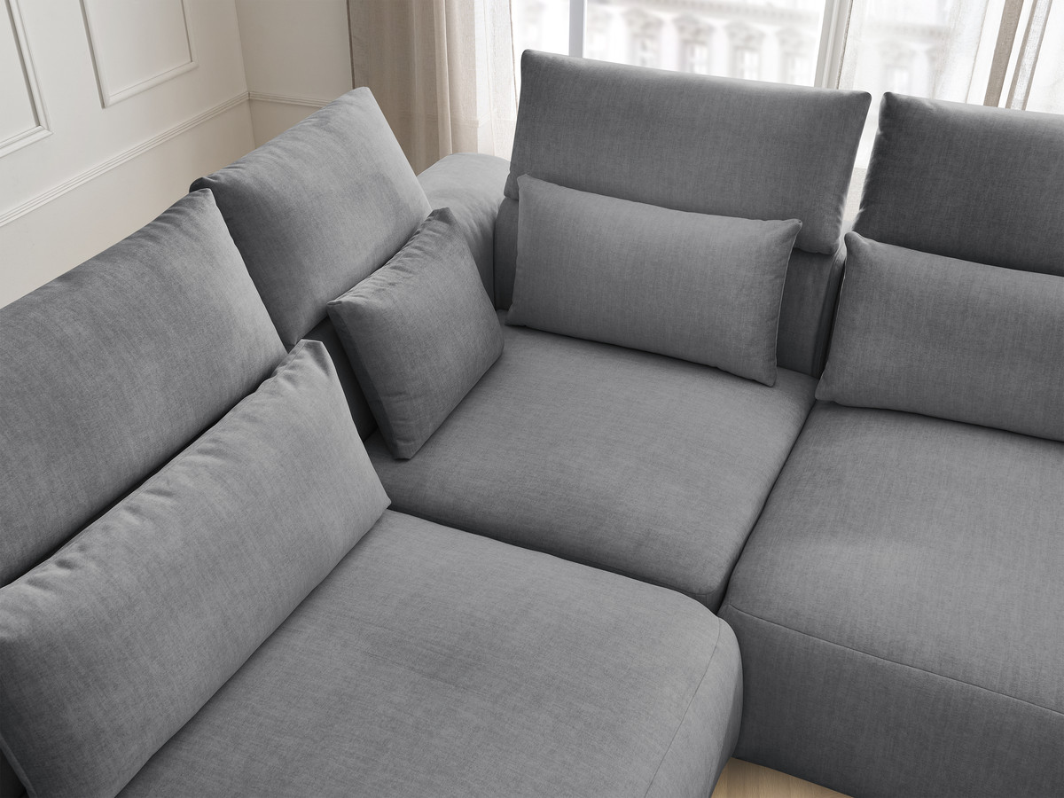 Canapé d'angle fixe modulable avec têtières JANA tissu velours avec 2 chauffeuses, 1 angle et 2 poufs