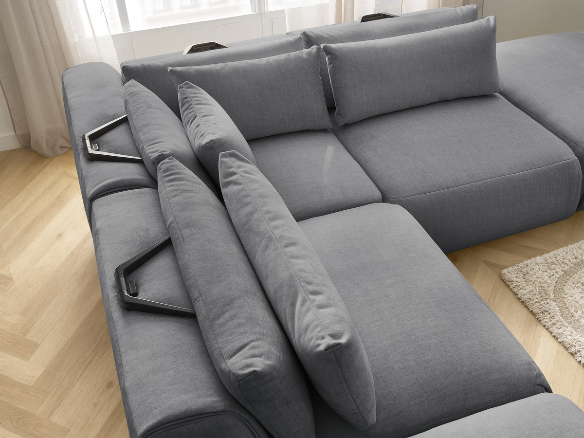 Canapé d'angle fixe modulable avec têtières JANA tissu velours avec 2 chauffeuses, 1 angle et 2 poufs