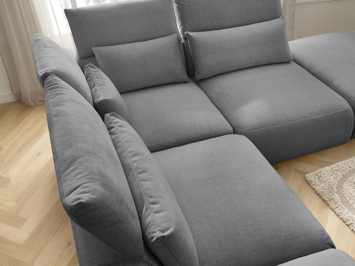 Canapé d'angle fixe modulable avec têtières JANA tissu velours avec 2 chauffeuses, 1 angle et 2 poufs