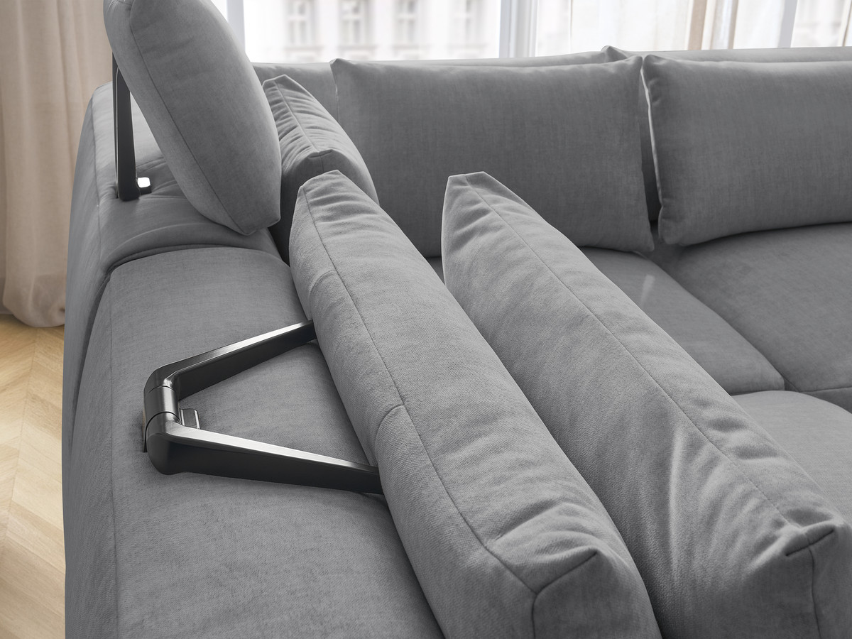 Canapé d'angle fixe modulable avec têtières JANA tissu velours avec 2 chauffeuses, 1 angle et 2 poufs