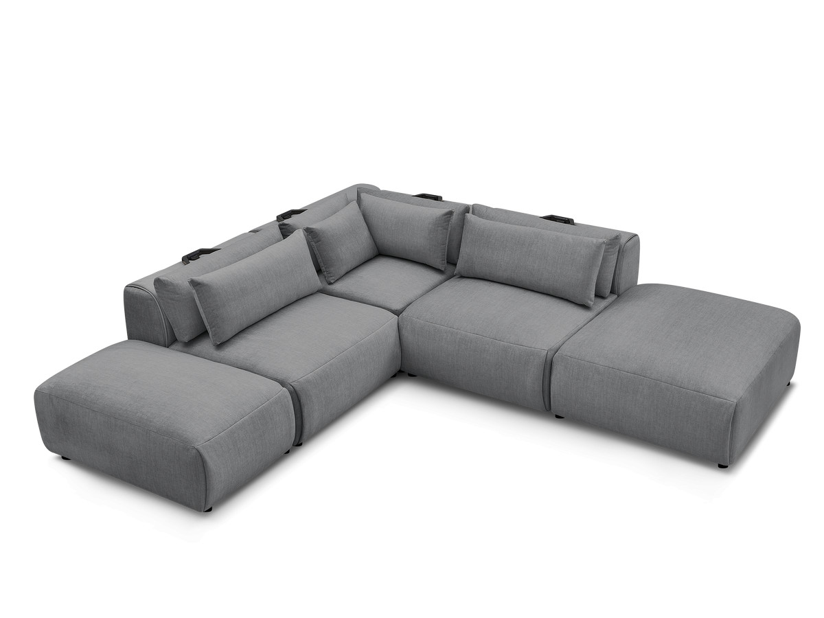 Canapé d'angle fixe modulable avec têtières JANA tissu velours avec 2 chauffeuses, 1 angle et 2 poufs