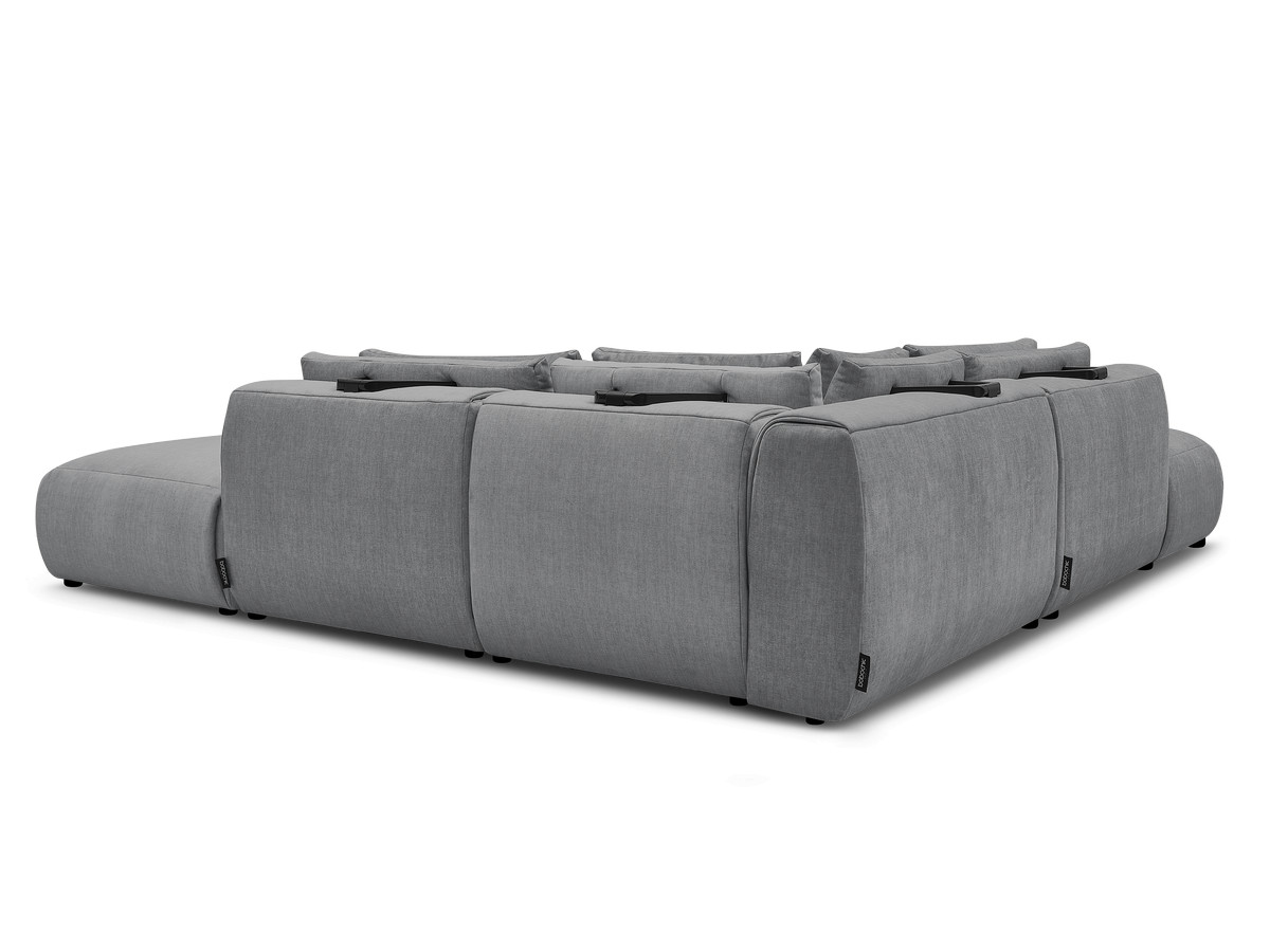 Canapé d'angle fixe modulable avec têtières JANA tissu velours avec 2 chauffeuses, 1 angle et 2 poufs