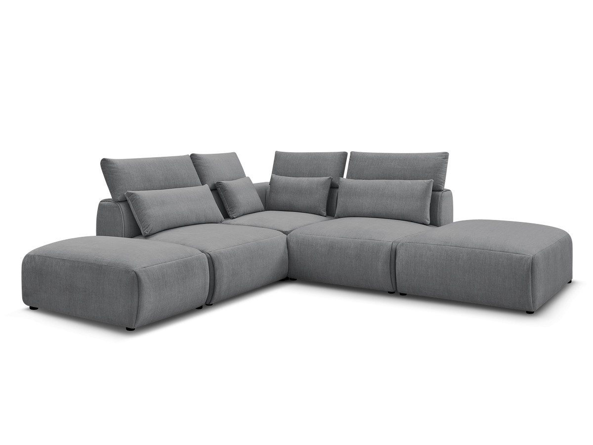 Canapé d'angle fixe modulable avec têtières JANA tissu velours avec 2 chauffeuses, 1 angle et 2 poufs