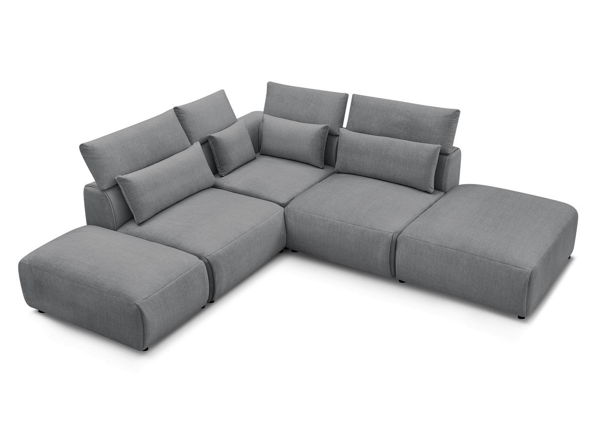 Canapé d'angle fixe modulable avec têtières JANA tissu velours avec 2 chauffeuses, 1 angle et 2 poufs