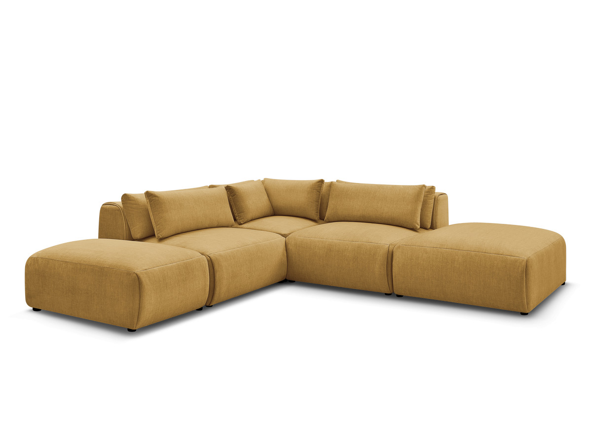 canapé d'angle fixe modulable avec têtières jana tissu velours avec 2 chauffeuses, 1 angle et 2 poufs de couleur jaune