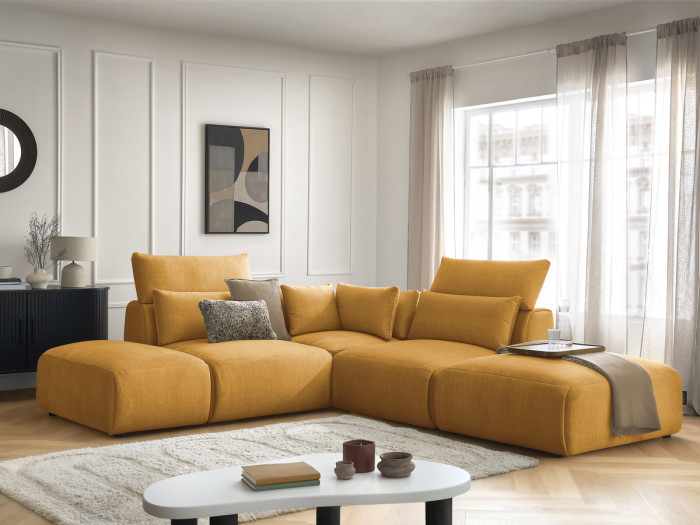 Canapé d'angle fixe modulable avec têtières JANA tissu velours avec 2 chauffeuses, 1 angle et 2 poufs