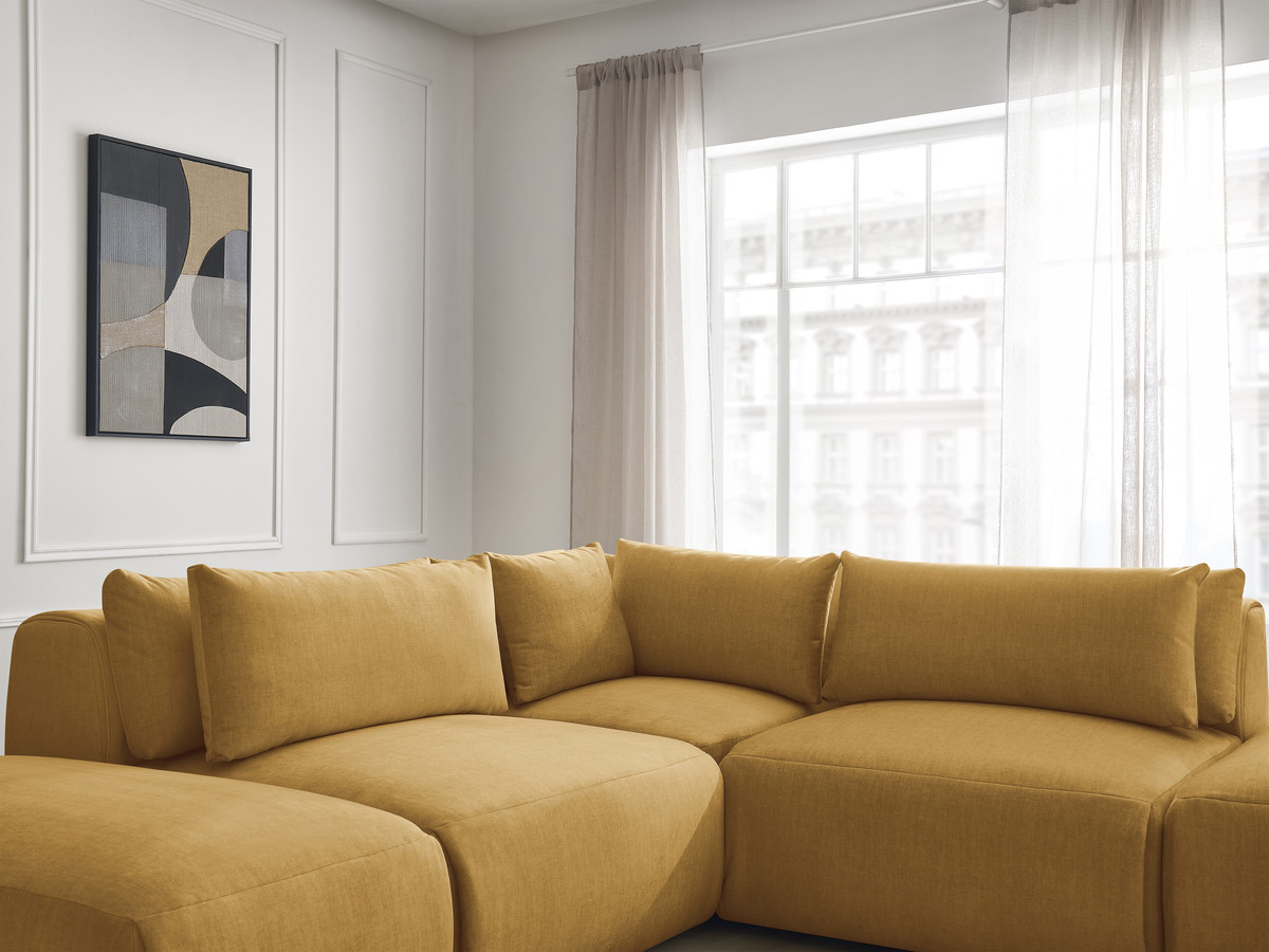 Canapé d'angle fixe modulable avec têtières JANA tissu velours avec 2 chauffeuses, 1 angle et 2 poufs