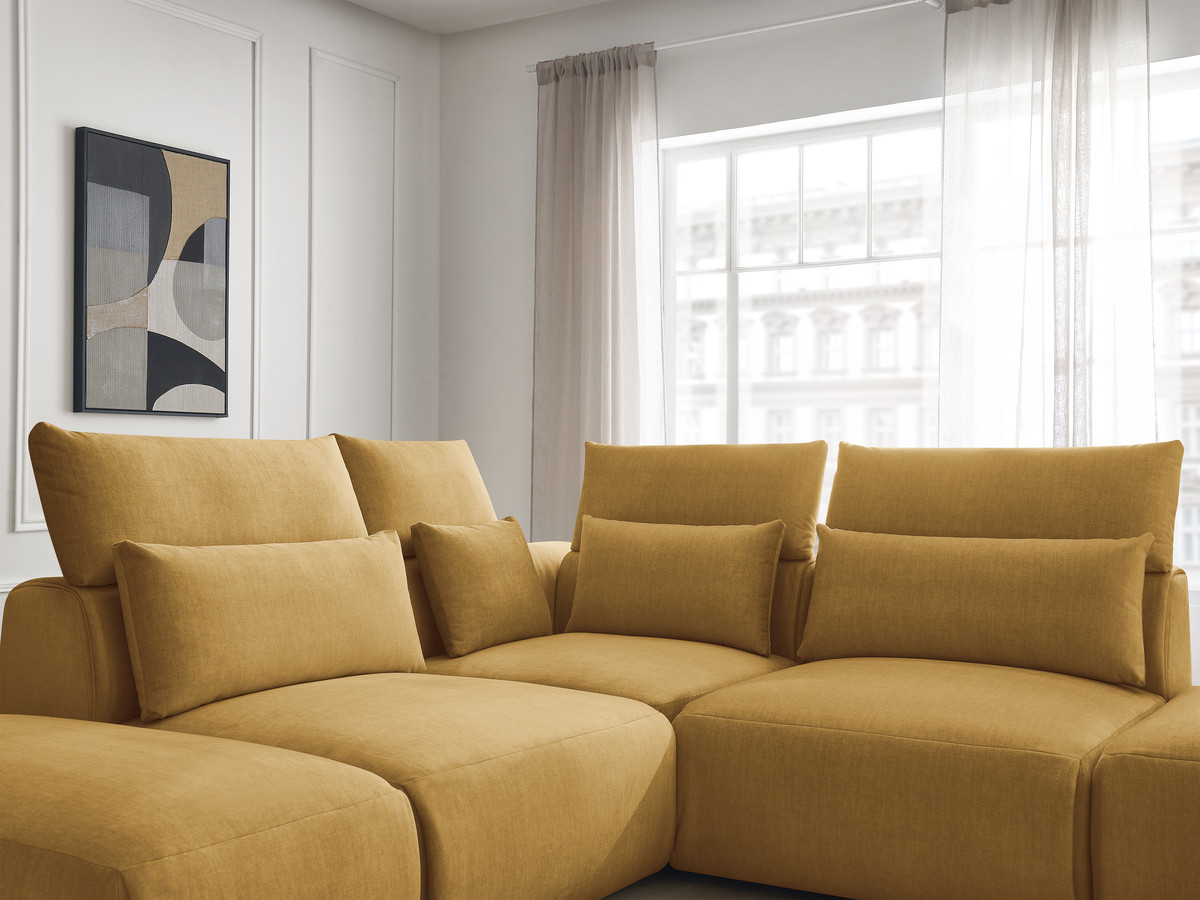 Canapé d'angle fixe modulable avec têtières JANA tissu velours avec 2 chauffeuses, 1 angle et 2 poufs