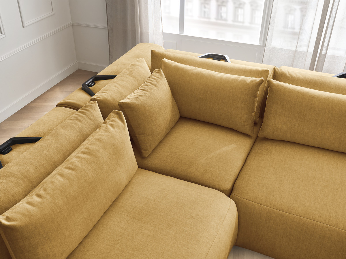 Canapé d'angle fixe modulable avec têtières JANA tissu velours avec 2 chauffeuses, 1 angle et 2 poufs