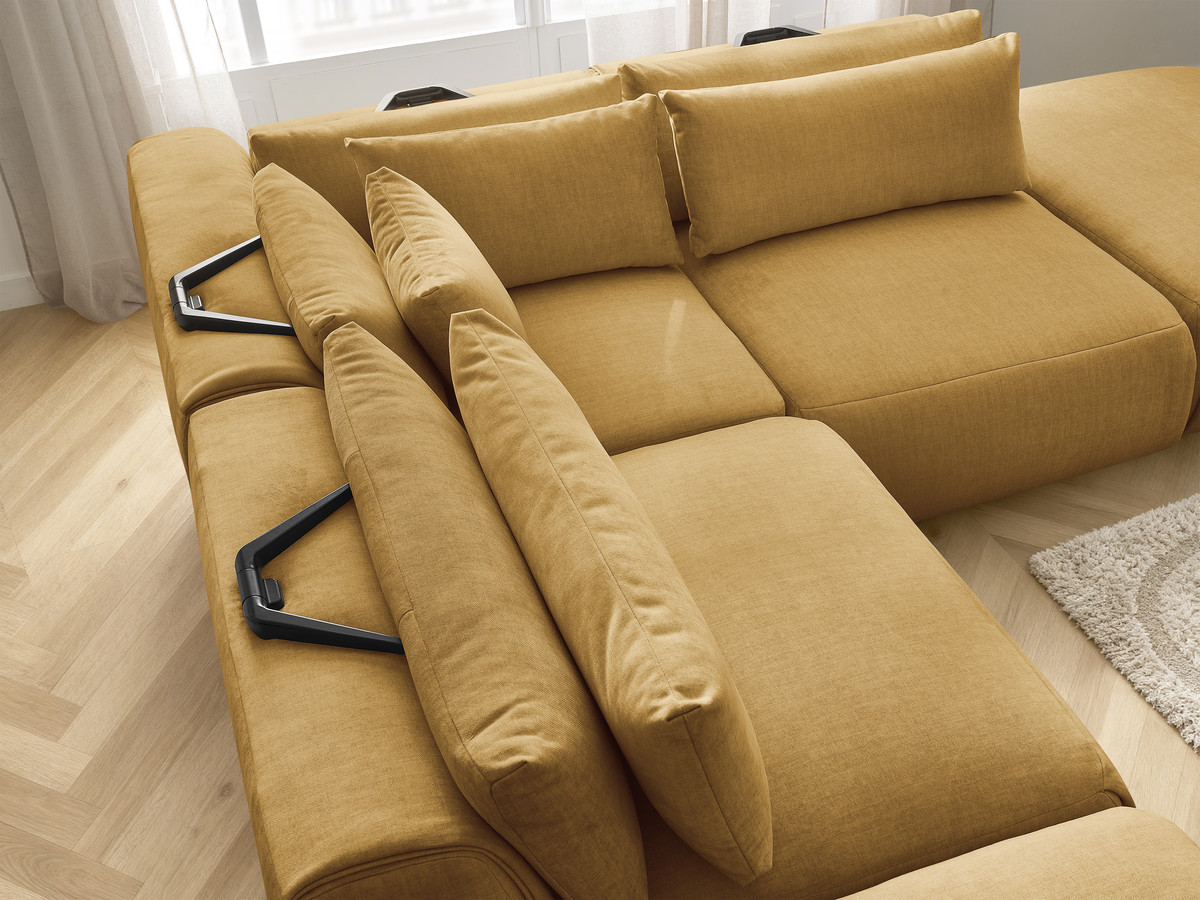 Canapé d'angle fixe modulable avec têtières JANA tissu velours avec 2 chauffeuses, 1 angle et 2 poufs