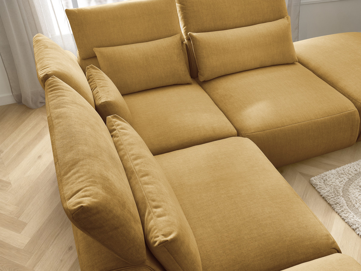 Canapé d'angle fixe modulable avec têtières JANA tissu velours avec 2 chauffeuses, 1 angle et 2 poufs