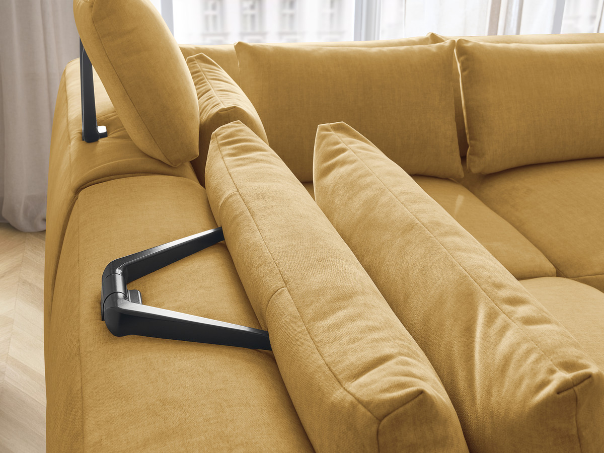 Canapé d'angle fixe modulable avec têtières JANA tissu velours avec 2 chauffeuses, 1 angle et 2 poufs