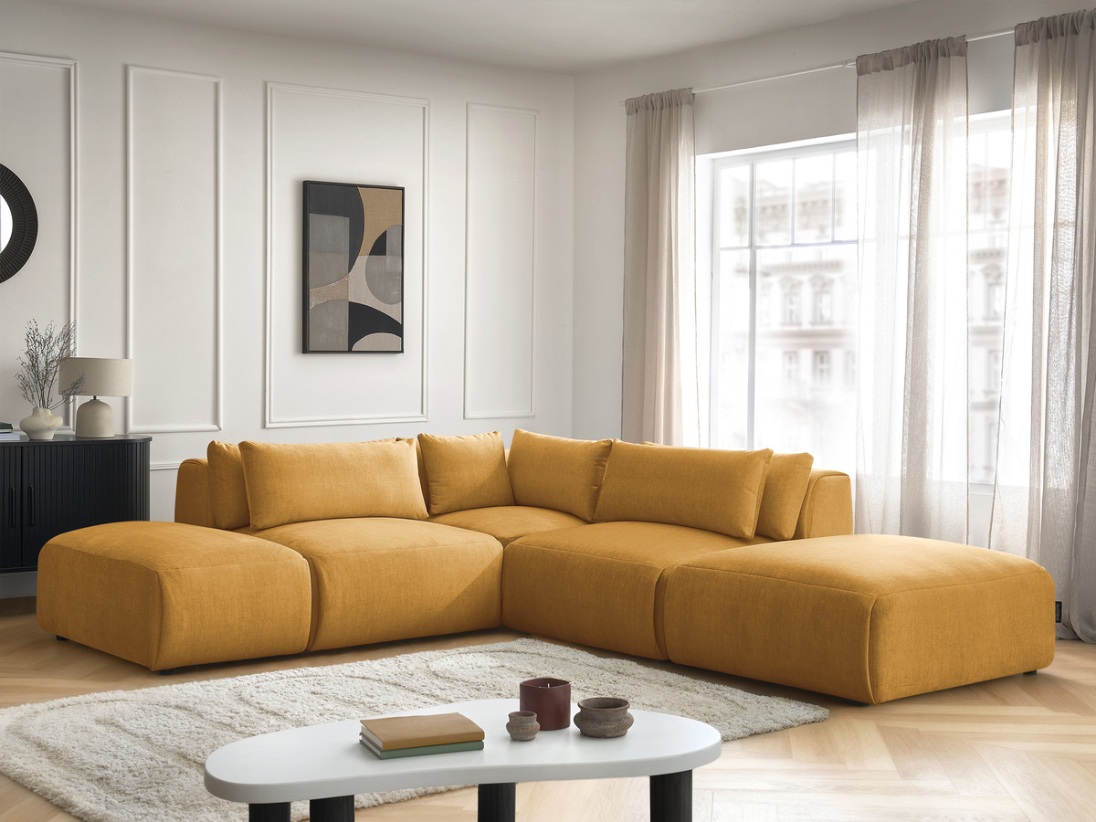 Canapé d'angle fixe modulable avec têtières JANA tissu velours avec 2 chauffeuses, 1 angle et 2 poufs