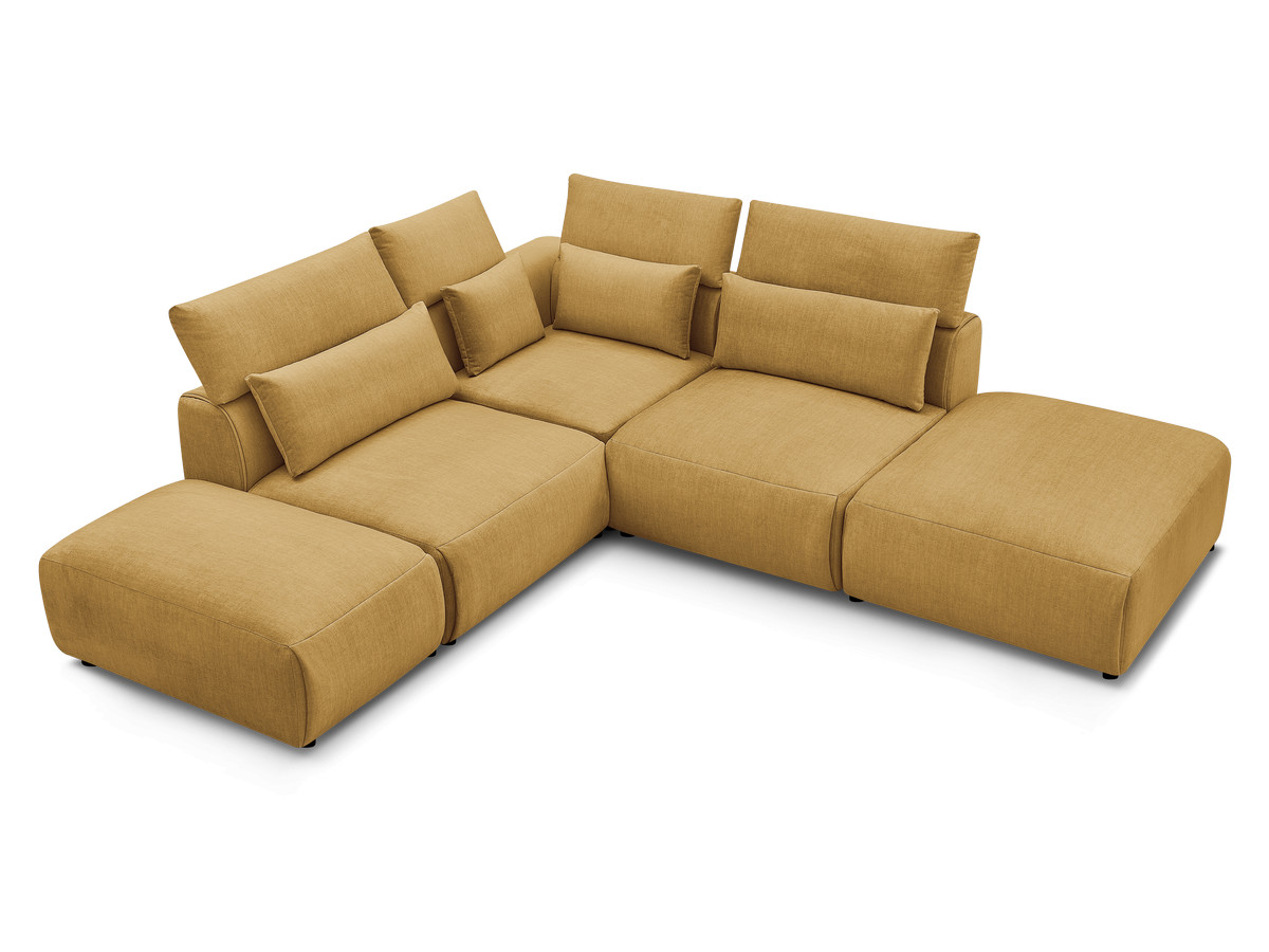 Canapé d'angle fixe modulable avec têtières JANA tissu velours avec 2 chauffeuses, 1 angle et 2 poufs