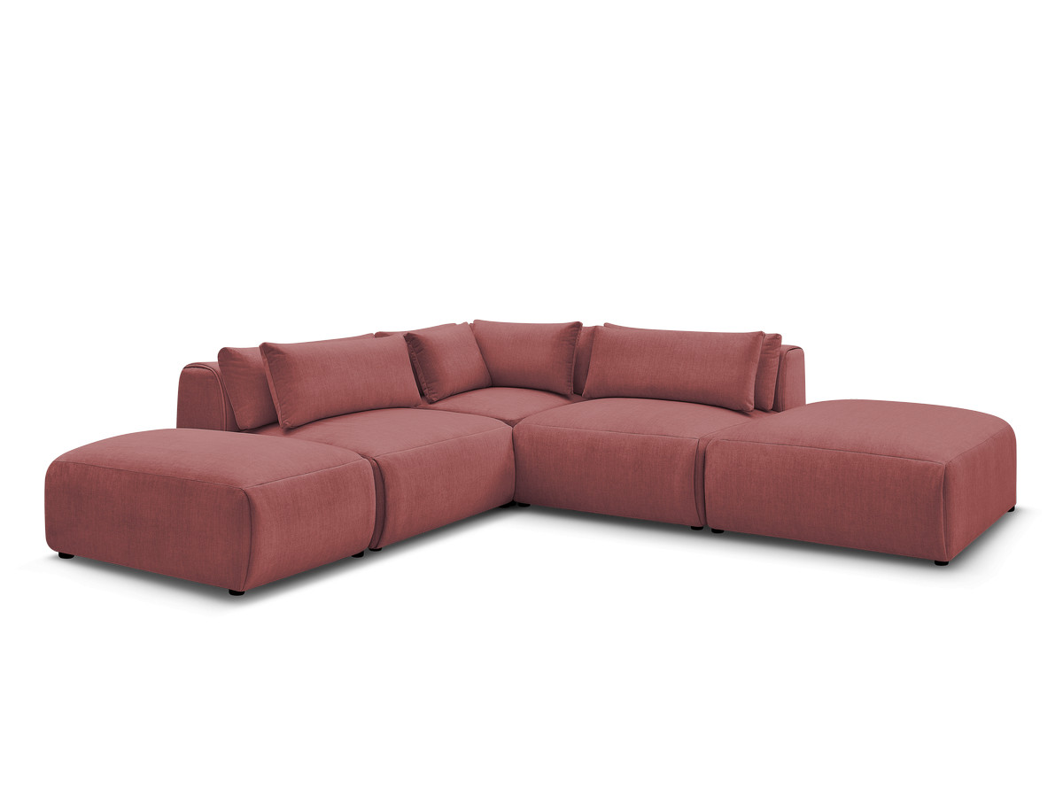 canapé d'angle fixe modulable avec têtières jana tissu velours avec 2 chauffeuses, 1 angle et 2 poufs de couleur orange