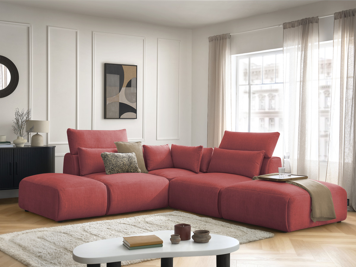 Canapé d'angle fixe modulable avec têtières JANA tissu velours avec 2 chauffeuses, 1 angle et 2 poufs