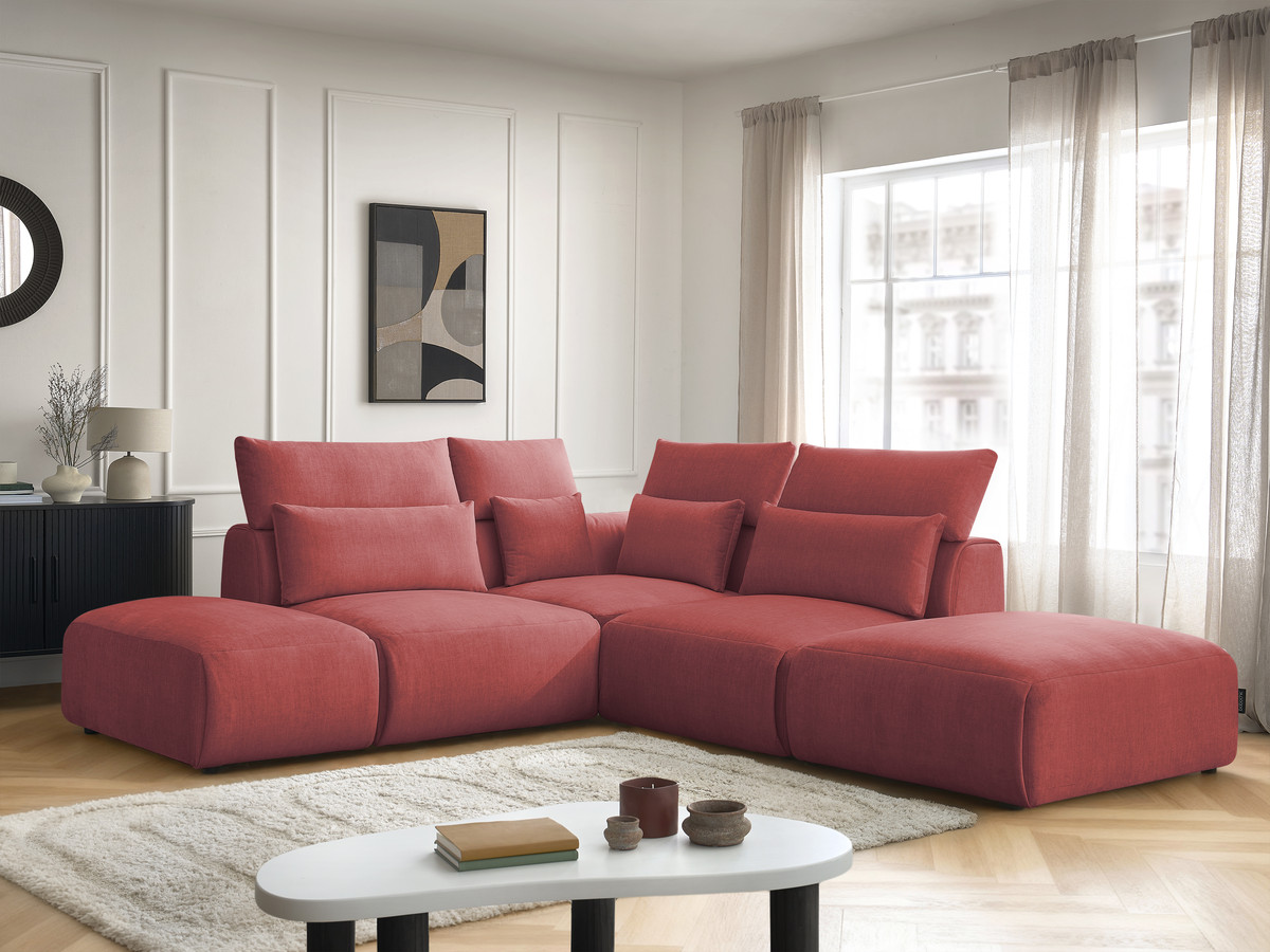 Canapé d'angle fixe modulable avec têtières JANA tissu velours avec 2 chauffeuses, 1 angle et 2 poufs