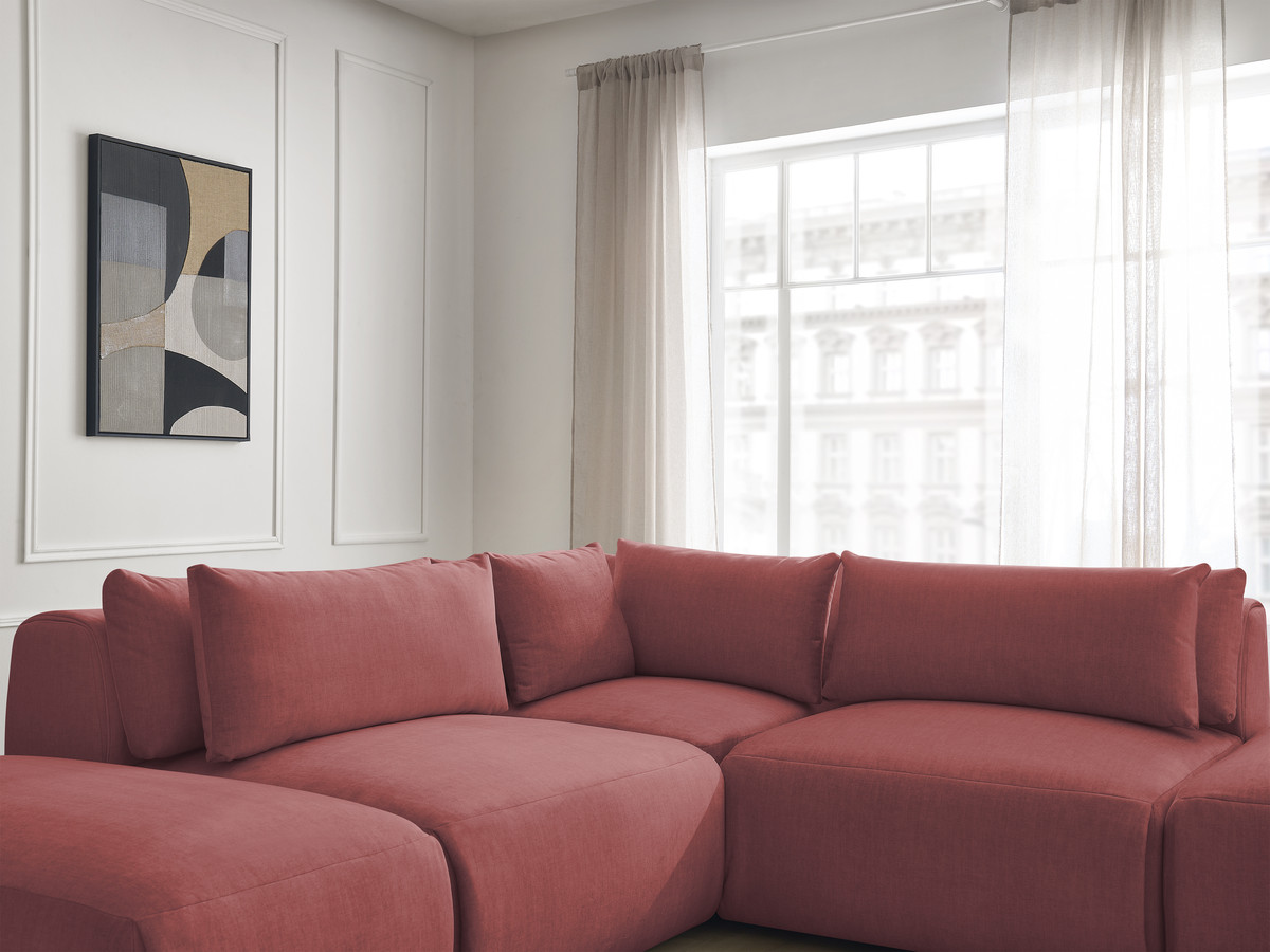 Canapé d'angle fixe modulable avec têtières JANA tissu velours avec 2 chauffeuses, 1 angle et 2 poufs