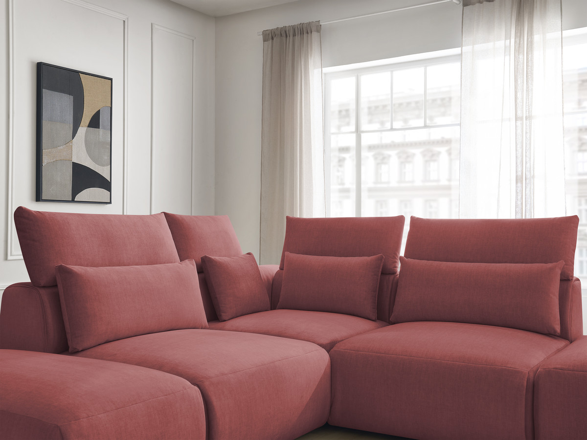 Canapé d'angle fixe modulable avec têtières JANA tissu velours avec 2 chauffeuses, 1 angle et 2 poufs