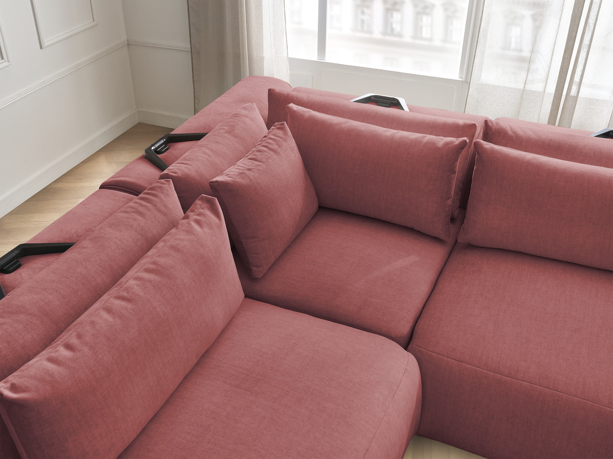 Canapé d'angle fixe modulable avec têtières JANA tissu velours avec 2 chauffeuses, 1 angle et 2 poufs