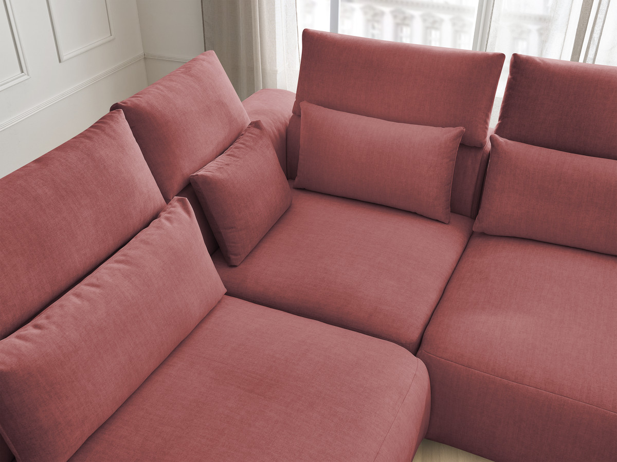 Canapé d'angle fixe modulable avec têtières JANA tissu velours avec 2 chauffeuses, 1 angle et 2 poufs