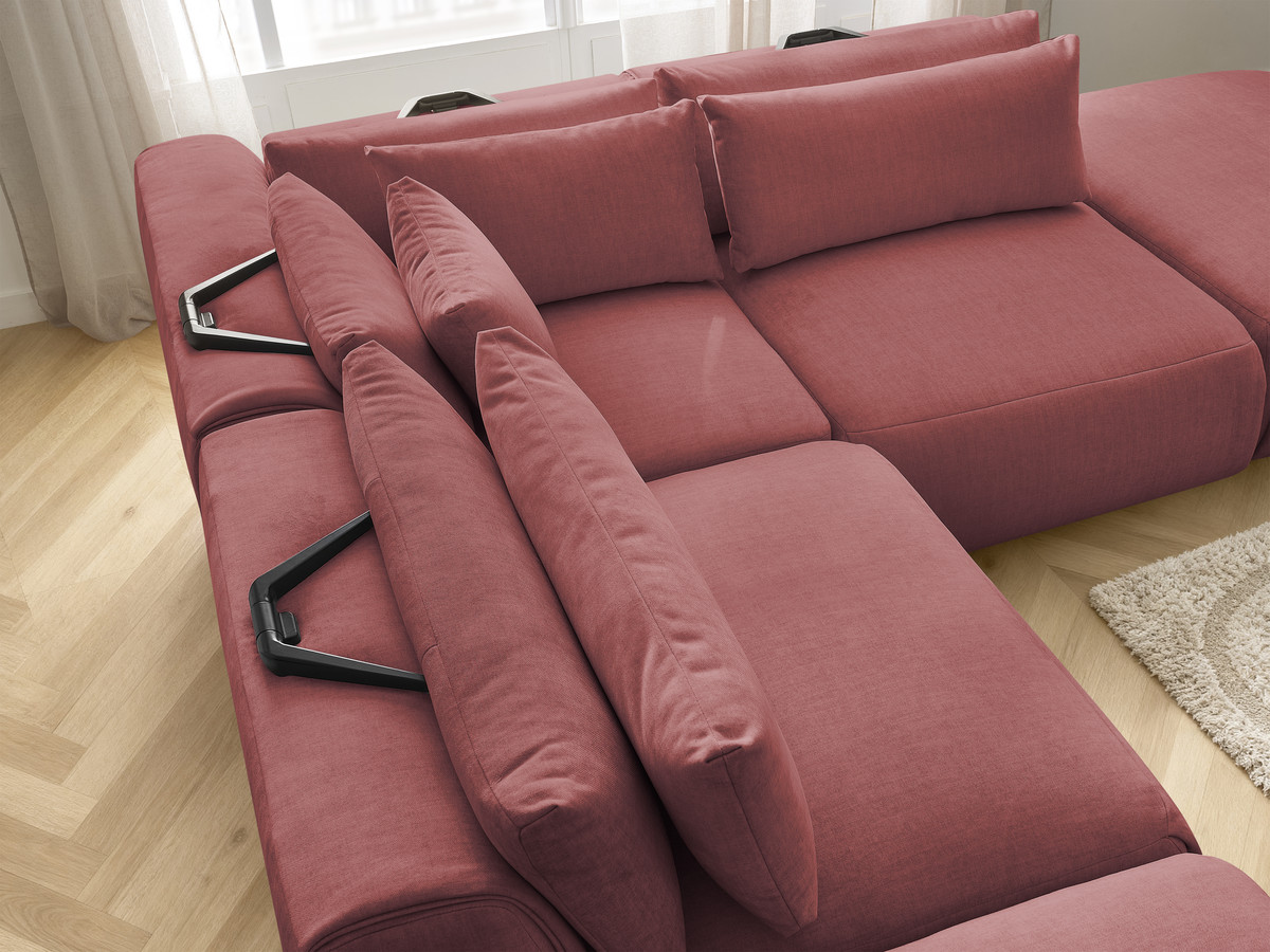 Canapé d'angle fixe modulable avec têtières JANA tissu velours avec 2 chauffeuses, 1 angle et 2 poufs