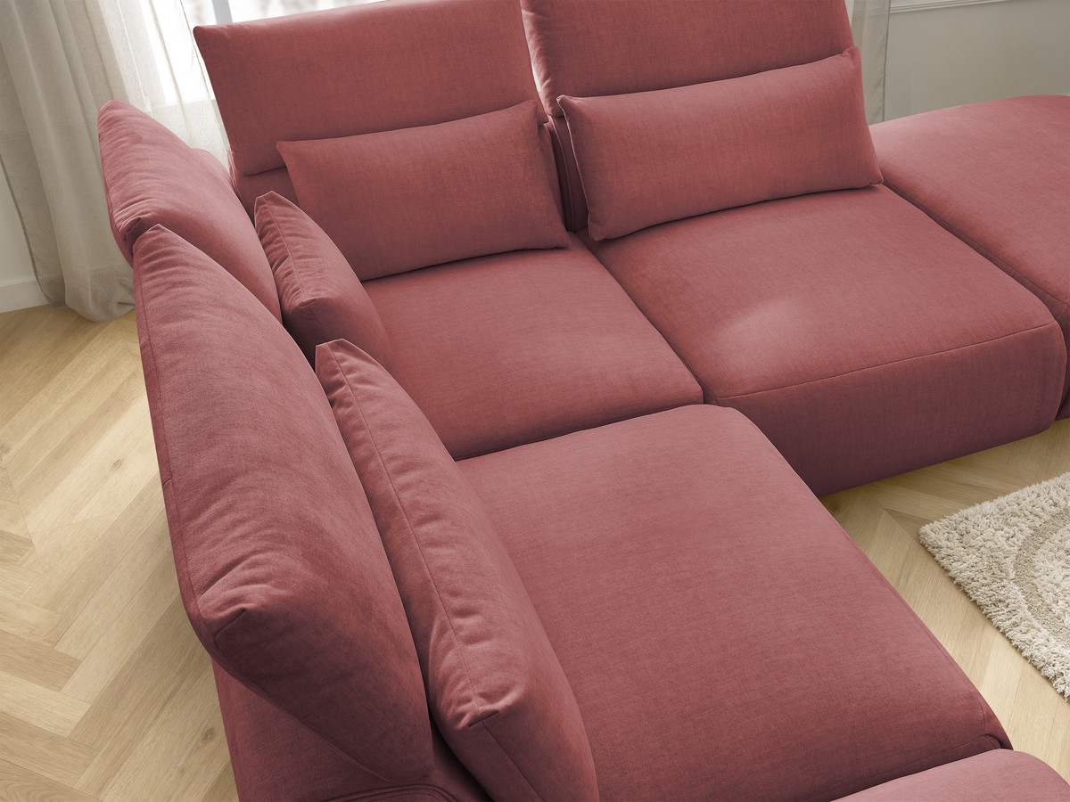 Canapé d'angle fixe modulable avec têtières JANA tissu velours avec 2 chauffeuses, 1 angle et 2 poufs