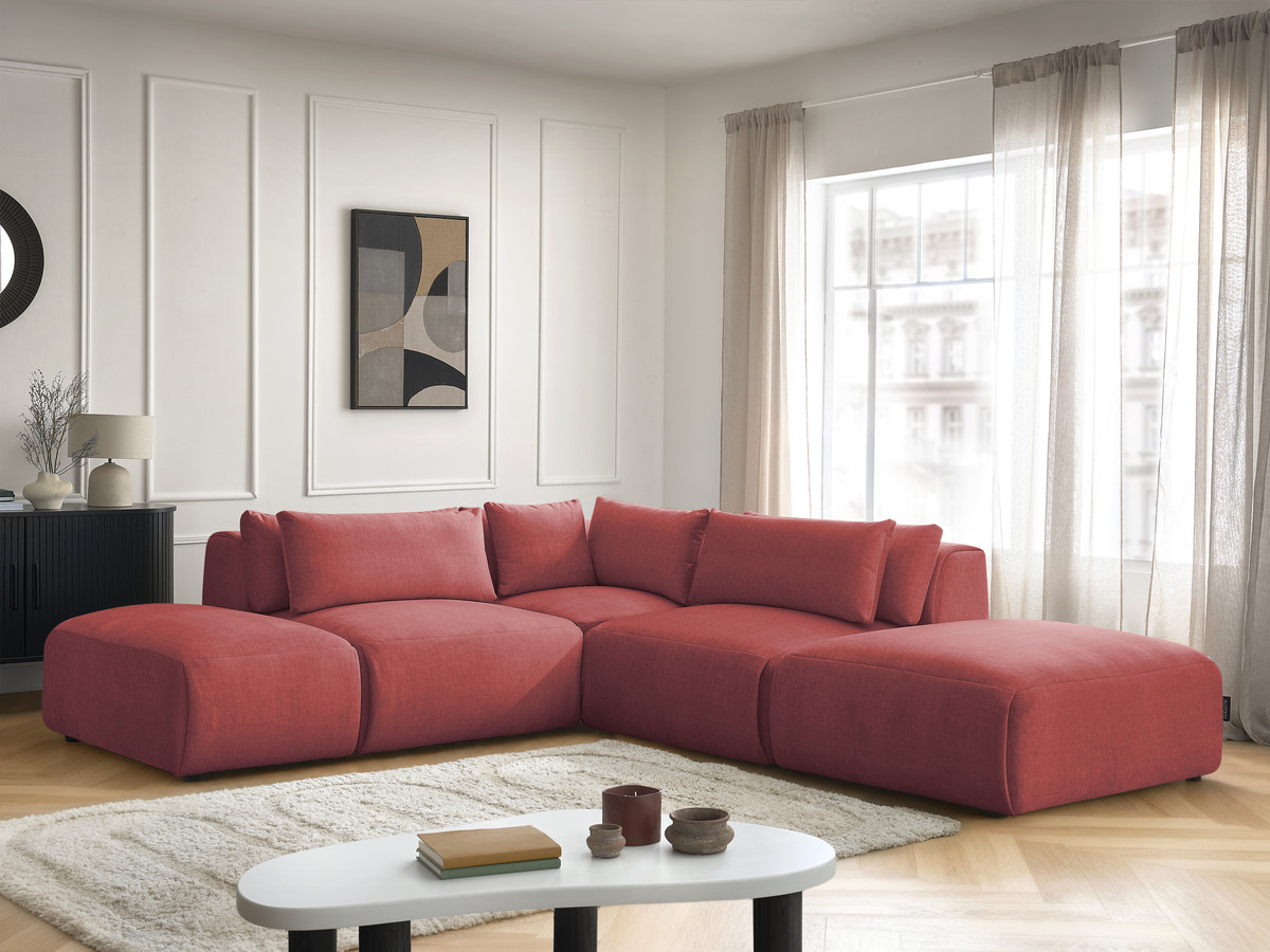 Canapé d'angle fixe modulable avec têtières JANA tissu velours avec 2 chauffeuses, 1 angle et 2 poufs