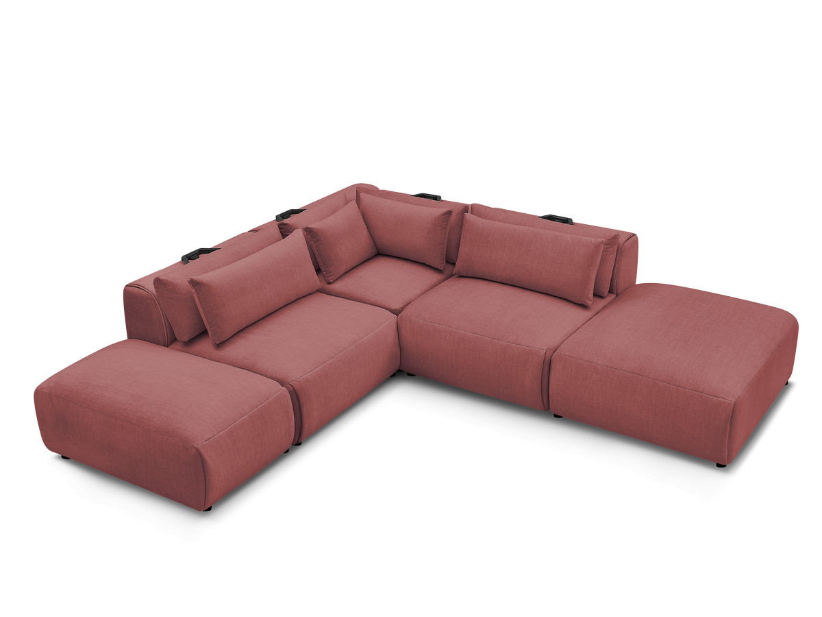 Canapé d'angle fixe modulable avec têtières JANA tissu velours avec 2 chauffeuses, 1 angle et 2 poufs
