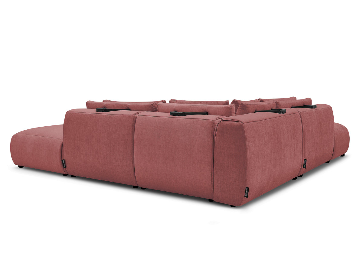 Canapé d'angle fixe modulable avec têtières JANA tissu velours avec 2 chauffeuses, 1 angle et 2 poufs